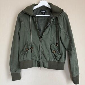 Finesse Funnel Mock Neck Army Green Bomber Aviator Cropped Jacket Hooded Small